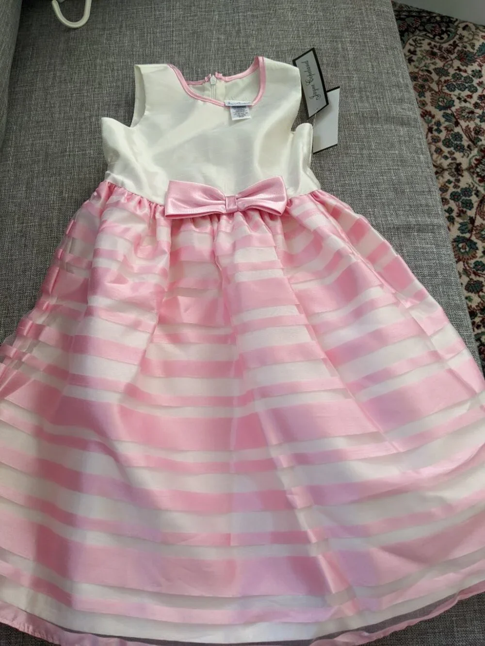 New Jayne Copeland Girls Dress White/Pink Taffeta Stripes Bow Festive SZ 6X